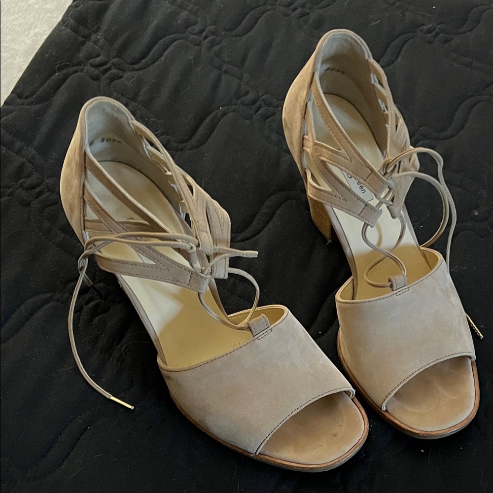 Paul Green Beige Suede Lace-Up Block Heel Sandals